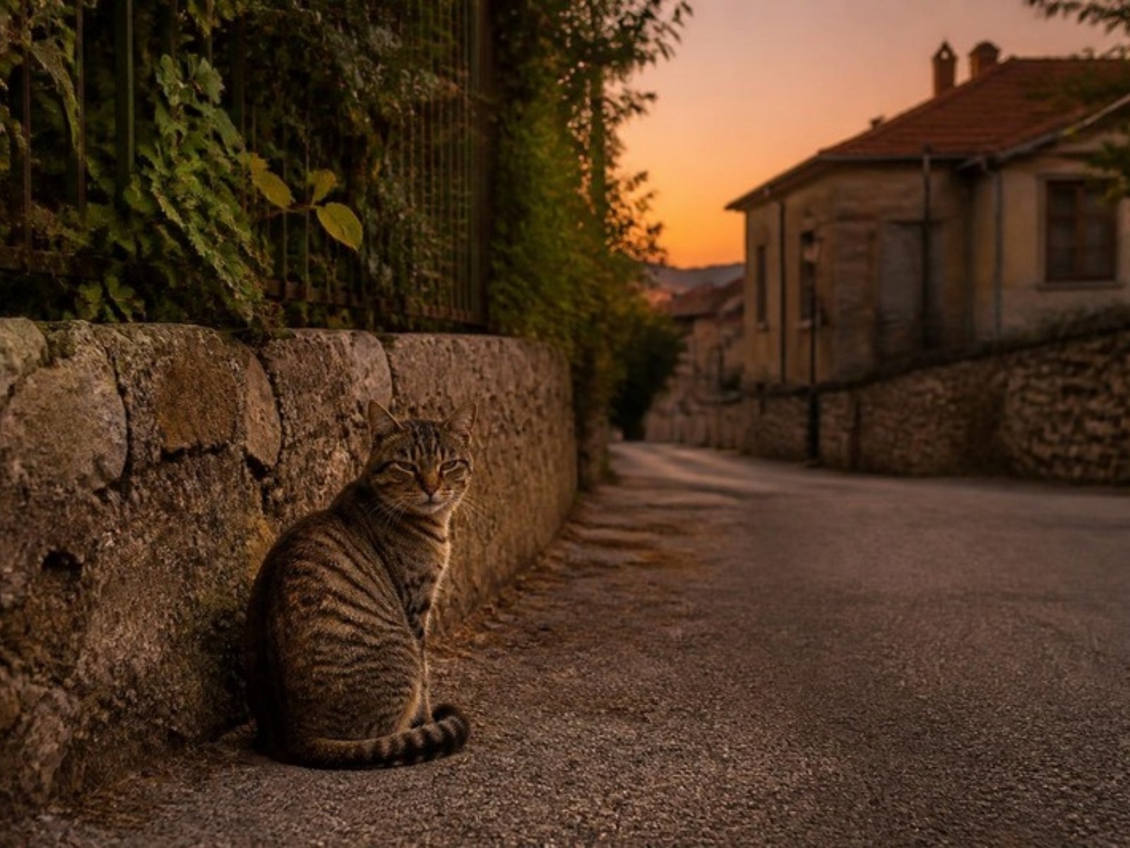 Un gatto seduto vicino a un muretto in un quartiere al tramonto
