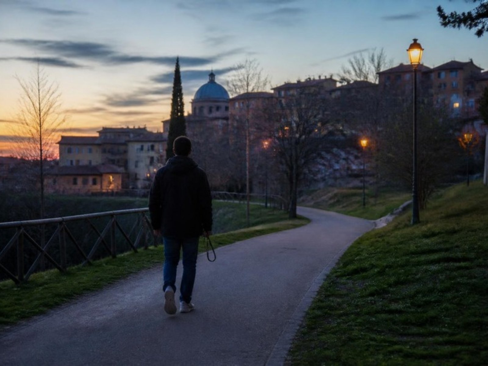 Una persona cerca il suo cane al tramonto con il guinzaglio in mano