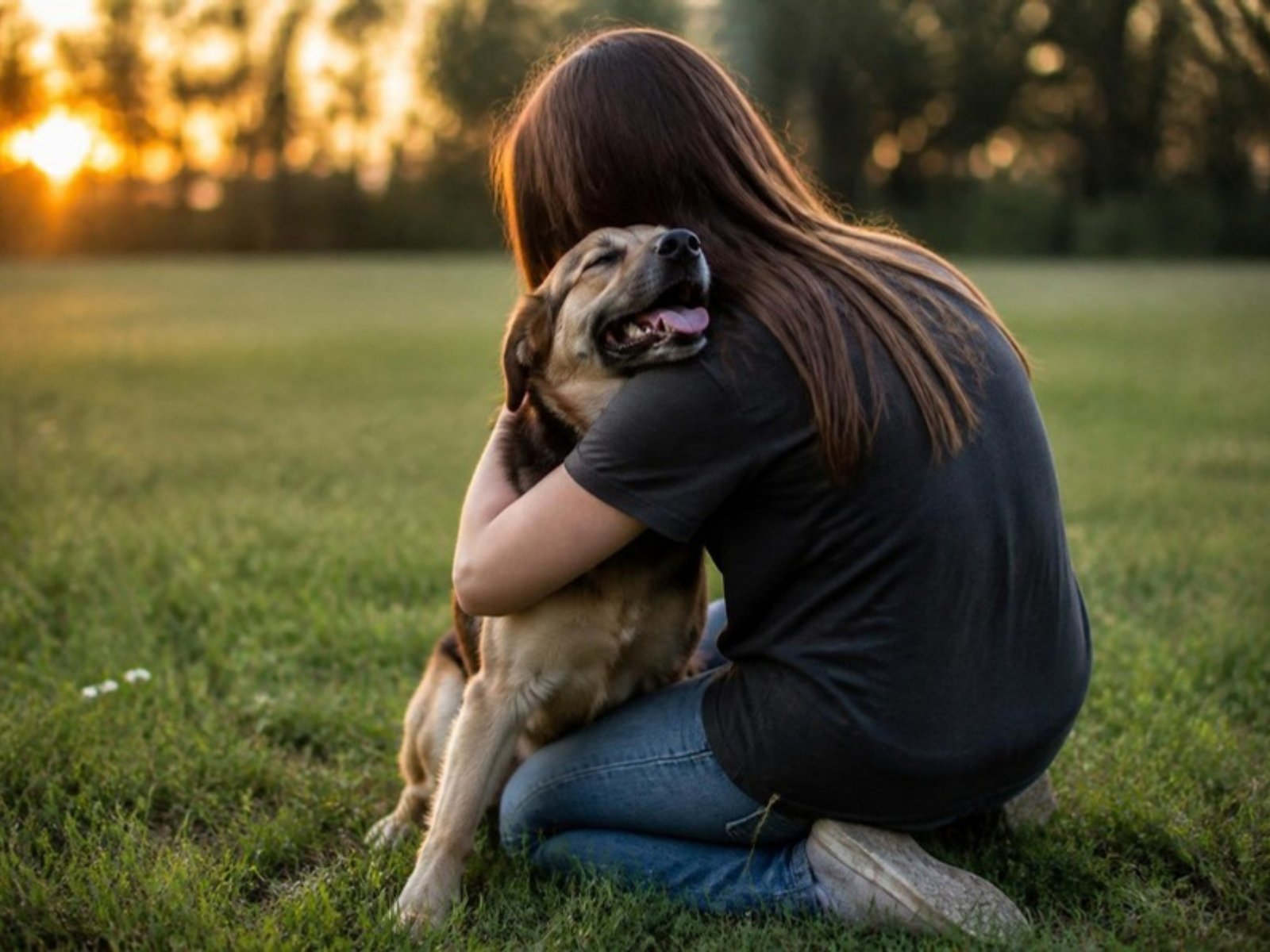 Una persona abbraccia il suo cane ritrovato